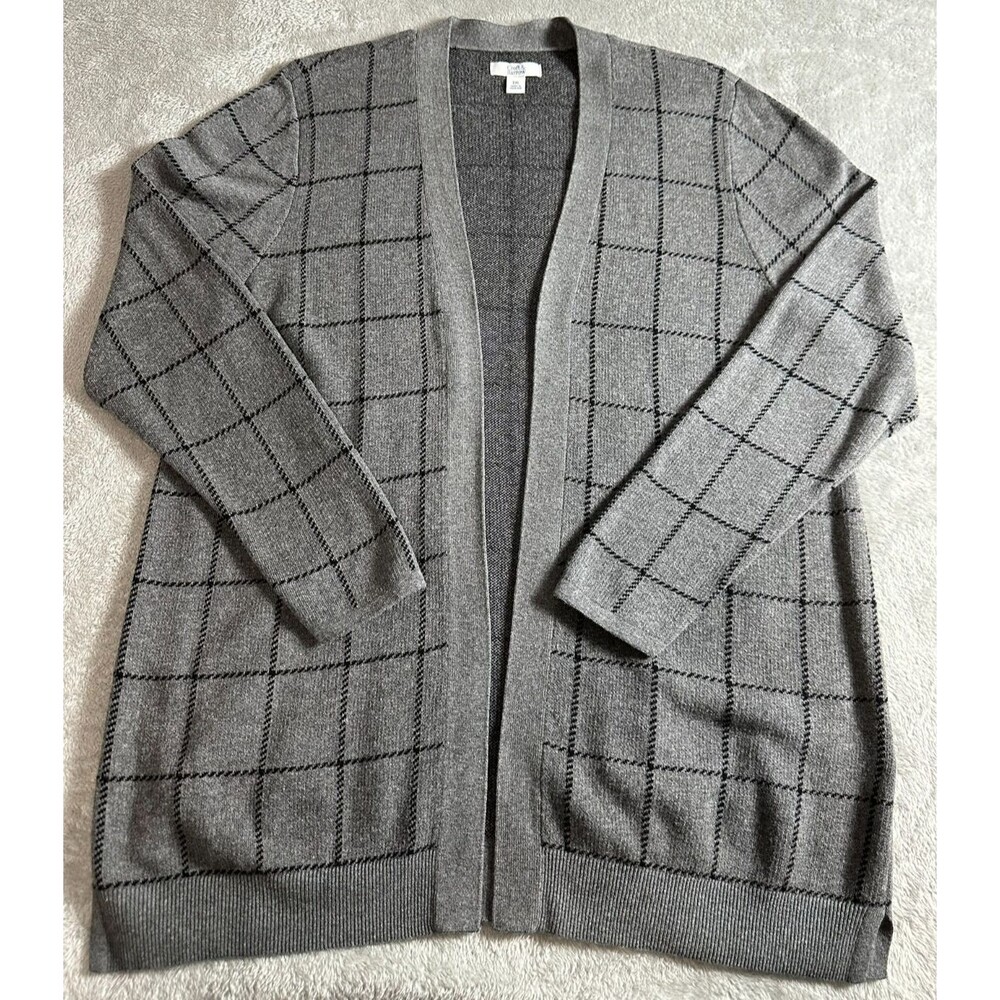 Croft & Barrow Cardigan Women's XXL Gray & Black Plaid Classic Preppy Academia